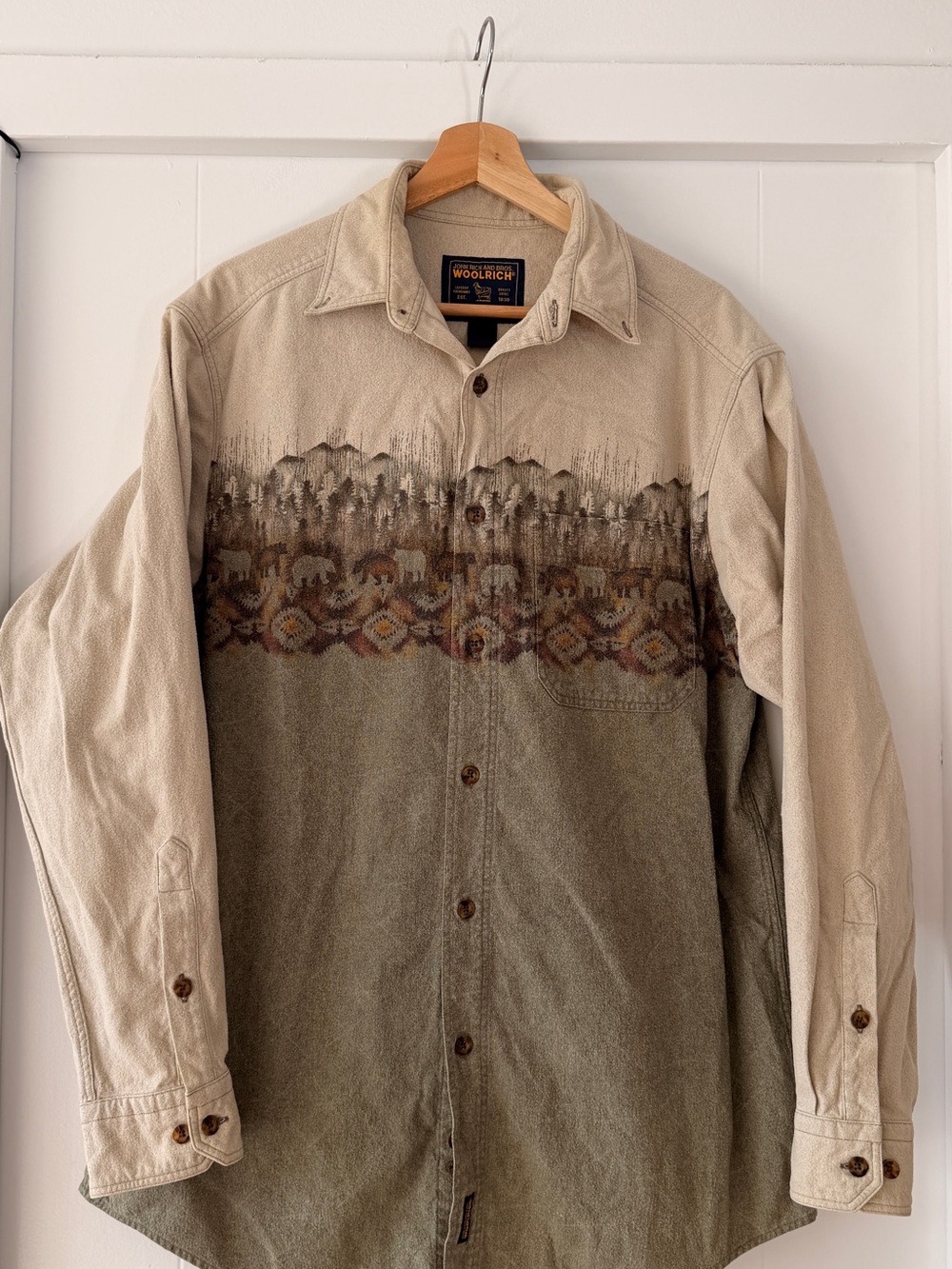 Woolrich Beige and Olive Southwestern Pattern Button-Up Shirt